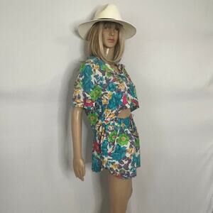 Vintage 90s Karol Floral Linen Two Piece Set Crop Top Shorts Co Ord Resort S